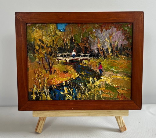 Original Oil Painting Autumn Bridge Landscape Near a quiet river