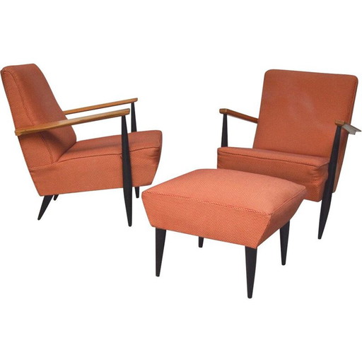 Coppia di poltrone vintage in tessuto arancione con pouf, 1960