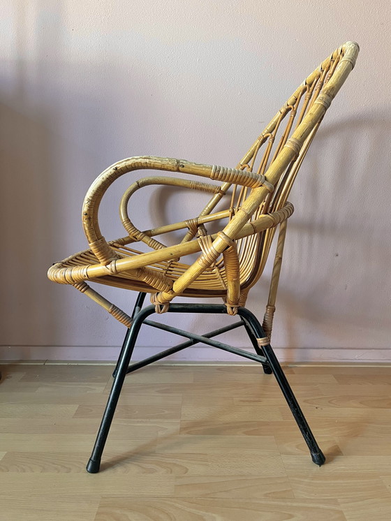 Image 1 of Vintage Bamboo Lounge Chair Rattan With Matching Stool Table Rohe Noordwolde Bamboo 1950