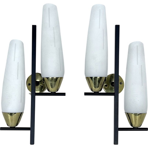 Pair of vintage brass and opal wall lamps, Italy 1950