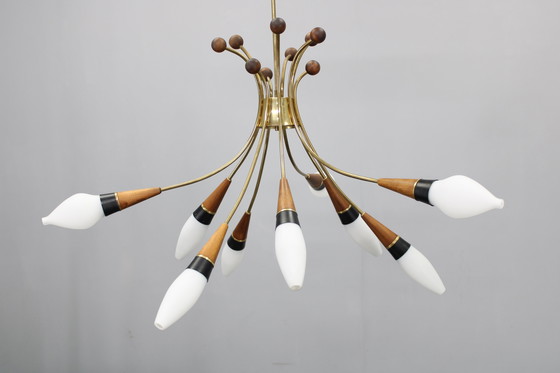 Image 1 of Lustre en laiton et teck en verre opalin Rupert Nikoll, Autriche, années 1960