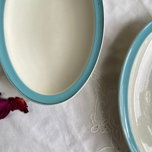 Set of 2 small serving dishes, antique Boch et Frères Kéralux blue earthenware