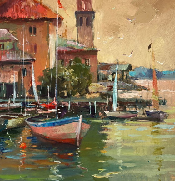 Image 1 of Original Oil Painting Evening City Landscape Venice port with sunset