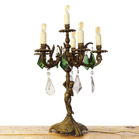 Image 1 of Vintage Bronze Candelabra Lamp with Green Crystals, 1930s