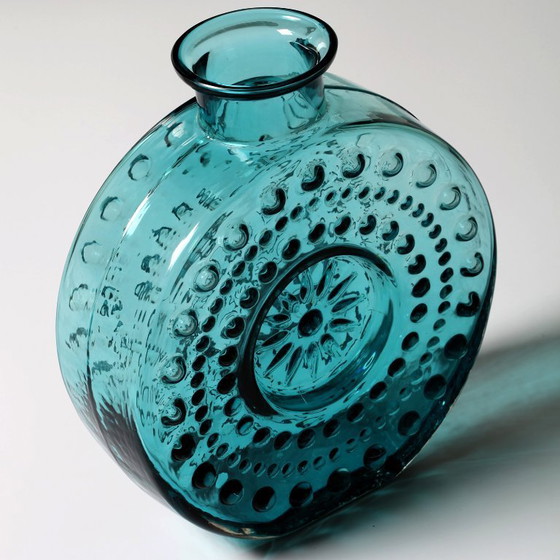 Image 1 of Large Vintage Teal Sunburst Blue Bubble Glass Vase / Erich Jachmann for WMF / 1960s
