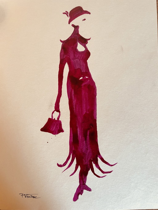 Tableau Signé Encre Gravure Mode Portrait Féminin " Purple Dress " ("Purple Dress")