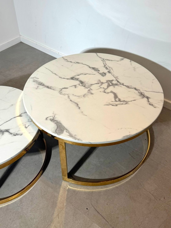 Set of Two Round Marble Look Coffee Tables – Wood (photo 3 of 4)