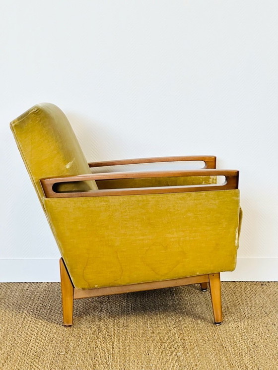 Image 1 of Canapé convertible et fauteuil vintage scandinave en teck et velours, 1960, Set de 2