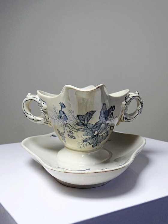 Image 1 of Antique Longwy earthenware gravy boat, late 19th-early 20th century