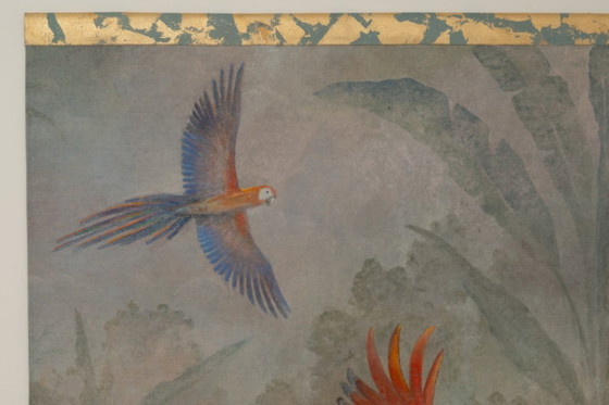 Image 1 of Painted canvas depicting three parrots in a tropical forest. Contemporary.