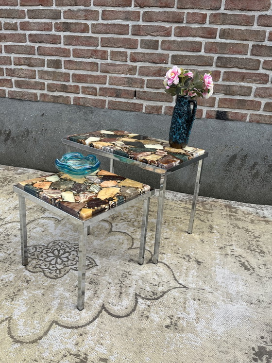 Tavolini laterali vintage cromati con piano in onice e marmo – Iron, Marble (photo 10 of 11)