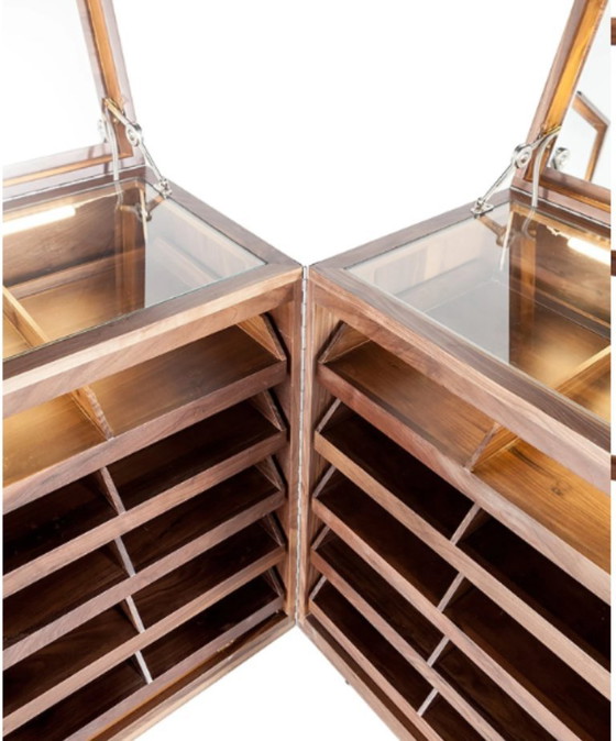 Naihan Li – Rare Pair of Mobile Twin Shirt Cabinets / Display Cabinets, Walnut & Stainless Steel, 2014 (photo 3 of 9)