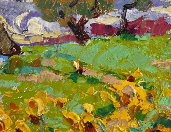 Image 1 of Original Oil Painting Flowers Village Landscape Fragrant summer in the field