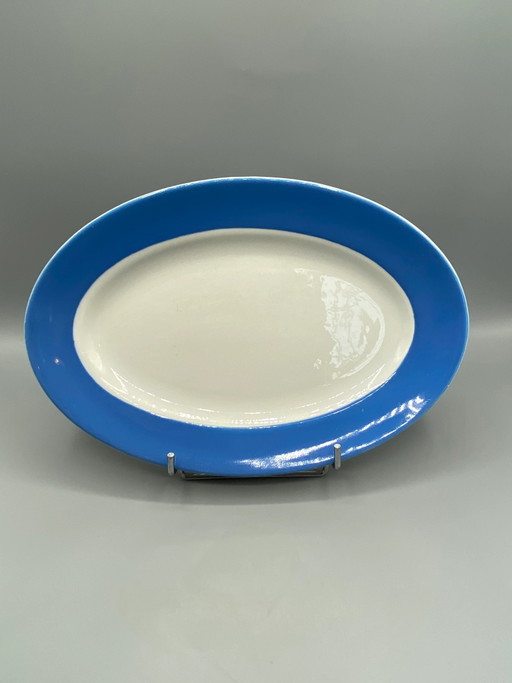 Grand plat ovale en faïence antique, bleu et blanc, Art Déco, années 1920-1940