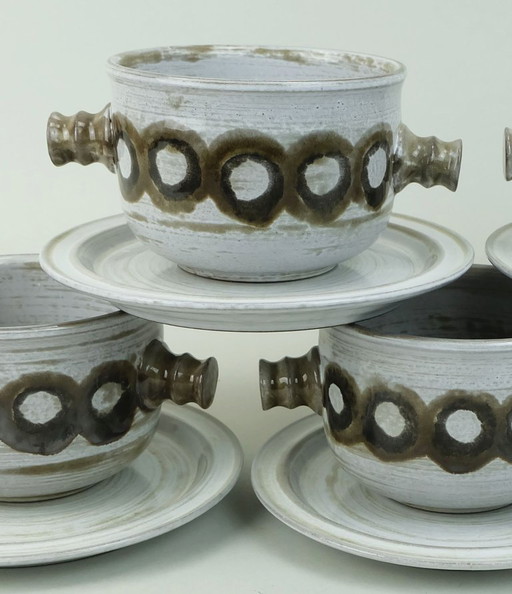 5 soup bowls with plates ceramano gala sepia esthetique tique gerda heuckeroth 1970s