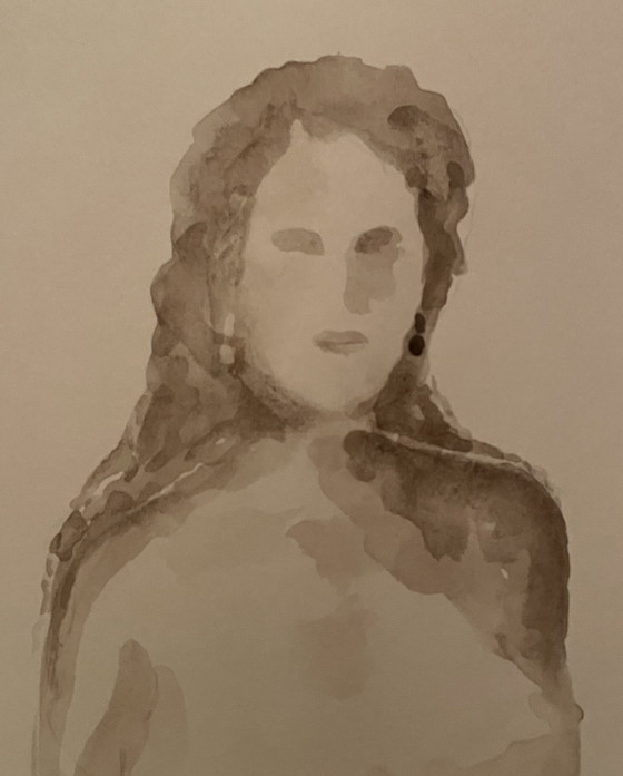 Image 1 of Ritratto femminile dipinto ad acquerello color seppia "Negli occhi"