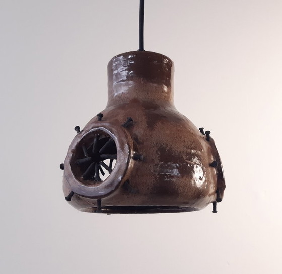 Image 1 of Ceramic earthenware vintage brutalist pendant lamp in brown tones, West Germany fat lava style, wabi-sabi lamp