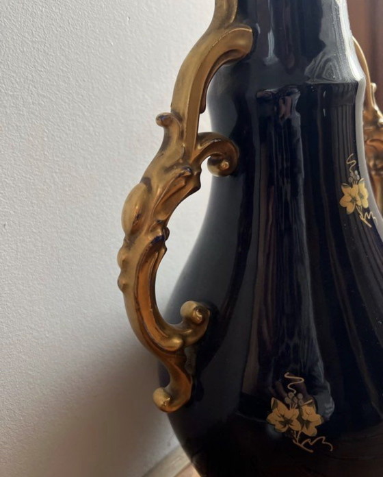 Image 1 of Vintage antieke keramische porseleinen aardewerken vaas in blauw en goud van Jaguet Pinon