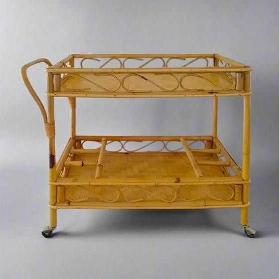 Image 1 of 1960s Exquisite Italian Bamboo & Rattan Bar Cart by Franco Albini - Mid Century Trolley