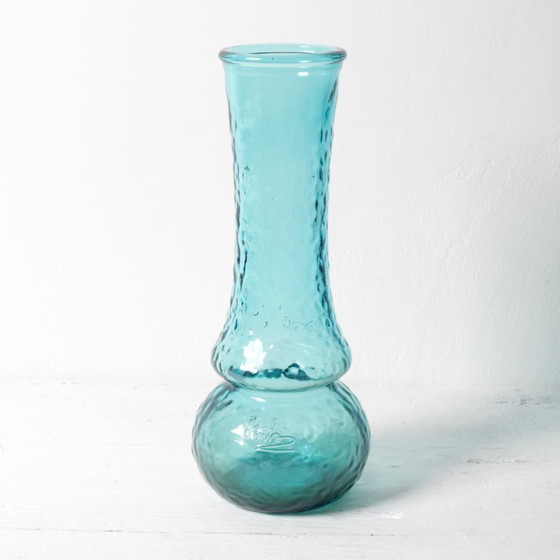 Image 1 of Turquoise Stylish Glass Flower Vase / Bibi Teal Hammered Textured Glass Vase / Italy / 1980s