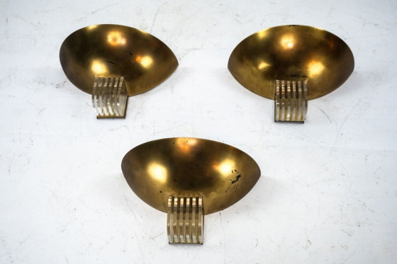 Image 1 of Set of three Italian Deco-style brass wall sconces, Italy 1970s