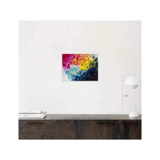 Image 1 of Acrylic painting on canvas in blue, pink, and yellow.