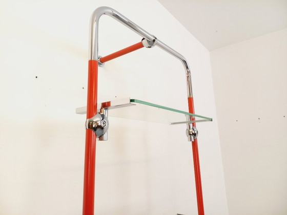 Image 1 of Modular Bauhaus-style vintage bookcase in red metal, chrome and glass from the 1970s
