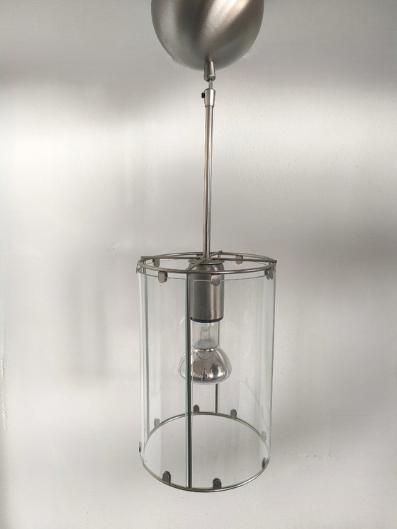 Set of 2 cylindrical Metal/glass Pendant Lights (with glass 'windows')., Ceiling lights, White (photo 7 of 10)