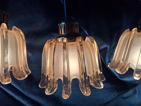 Image 1 of Set van 3 Doria hanglampen van messing en amberkleurig mat glas, jaren 1960