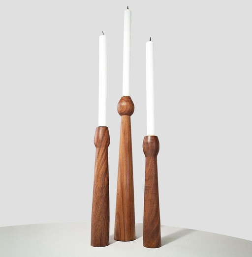 3 Scandinavian teak candleholders with brass inserts, Denmark, 1960s