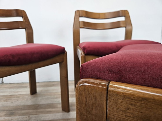 Set of four dining chairs, brown wood with red textile seats, Mid Century Modern (photo 12 of 13)