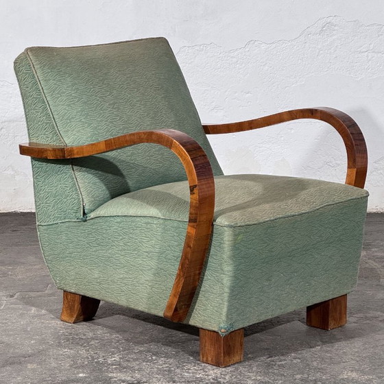 Pair of Art Deco Style Armchairs with Veneered Arms, 1960s – Textile (photo 2 of 14)