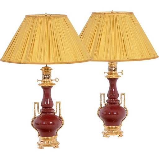 Pareja de lámparas vintage en bronce y porcelana color rojo sangre de buey, 1880