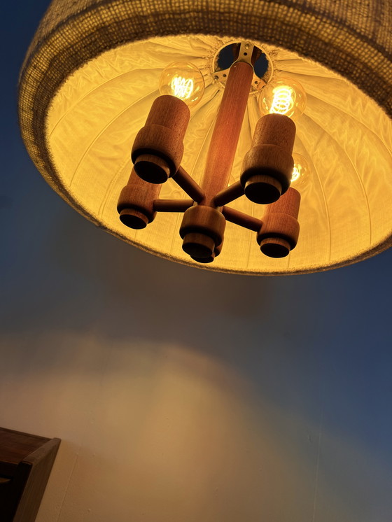 Image 1 of Vintage XL teak & wool pendant lamp, Domus '70