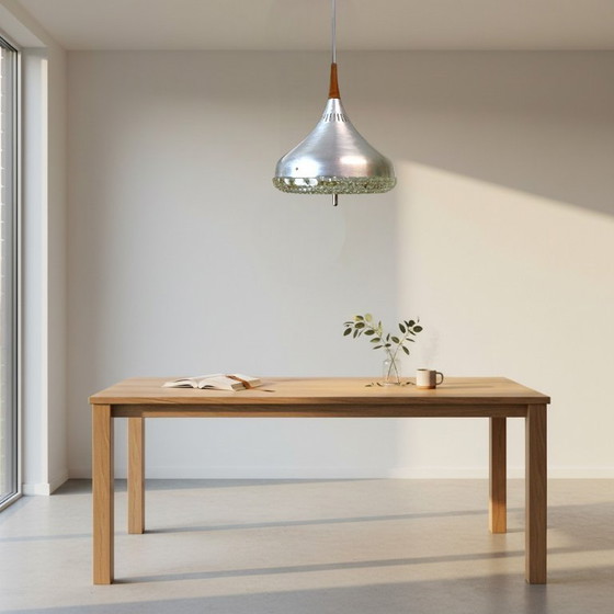 Image 1 of Scandinavian Mid Century Modern Chromed Aluminium Hanging Light with Wooden Accent, 1970s