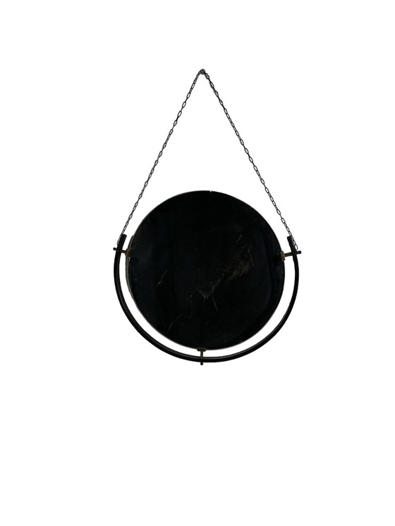 Image 1 of Round varnished metal and brass mirror with chain, 1950s