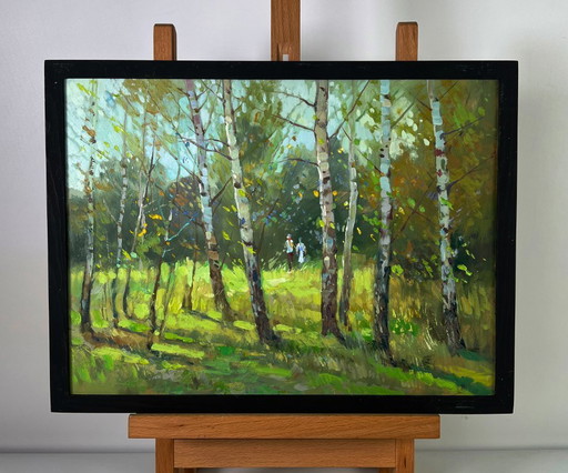 Peinture à l'huile originale, paysage naturel, prairie, promenade parmi les bouleaux