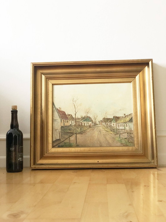 Image 1 of Peinture à l'huile originale représentant un village européen vintage avec des cottages, vers 1940