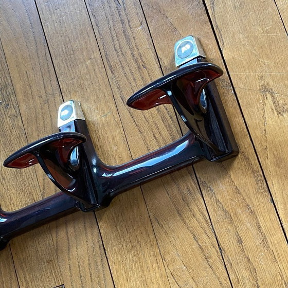 Image 1 of Vintage brown-purple plexiglass towel rack/coat rack with 3 hooks