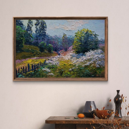 Original Oil Painting Summer Landscape Nature Wildflowers Are Growing – schilderijen tekeningen, Canvas (photo 2 of 7)