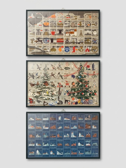 Sammlung von 5 kompletten Bögen dänischer Weihnachtsmarken (Julemærker) – Vintage gerahmt (Jahre 1959-1964)