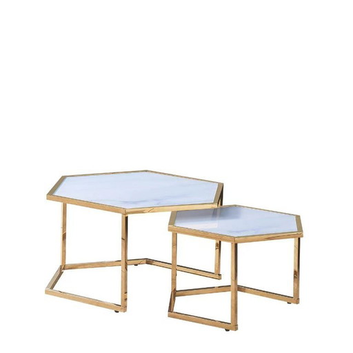 HEXAGONAL NESTING COFFEE TABLE GOLD IN WHITE MARBLE