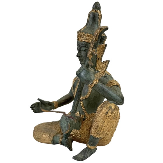 Thaise Bronzen Tempelmuzikanten en Danseres – Set van 4 Beeldhouwkunst – 2.4 kg (photo 5 of 10)