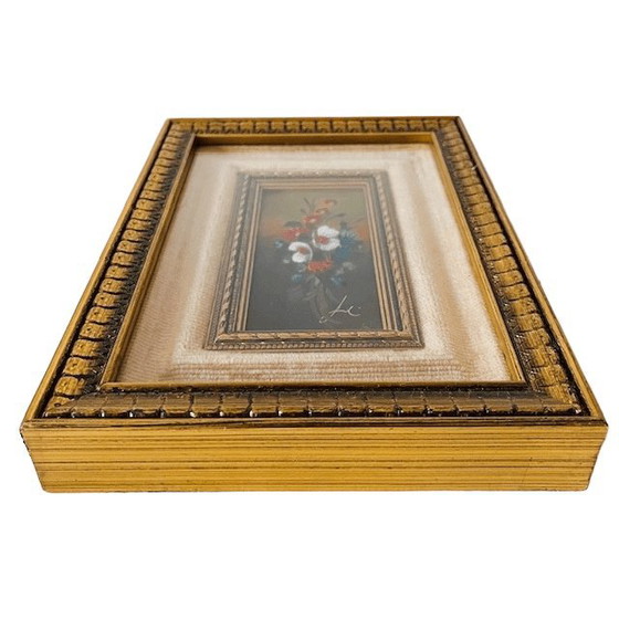 Image 1 of Set Mid-century Italiaanse olieverfschilderijen barok bloemen bloemboeket fluweel goud glas 1950's