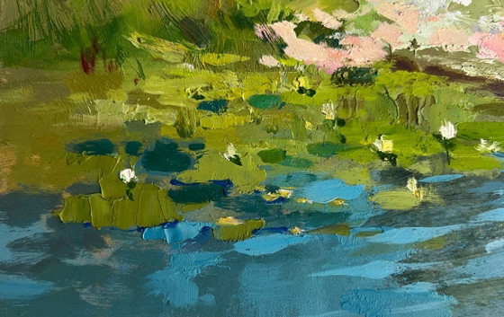 Image 1 of Dipinto ad olio originale: Paesaggio costiero fluviale. La strada per il fiume.