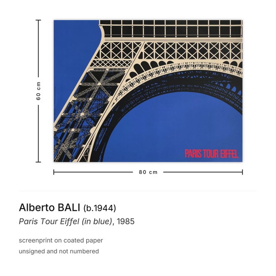 Alberto Bali Screenprint Paris Tour Eiffel (In Blue) 1985 – Lithographs & prints, Paper (photo 3 of 5)