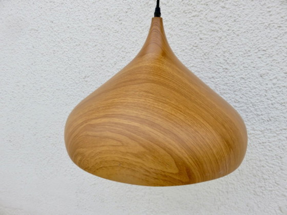 Image 1 of Lámpara colgante escandinava de metal con aspecto de madera, años 80.