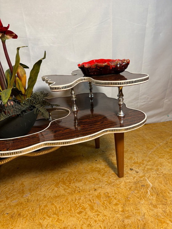Image 1 of Mid-Century Retro Vintage Tiered Coffee Table / Plant Stand 1960  Dark Formica Grain Finish • White Trim • Unusual Shape • Styli