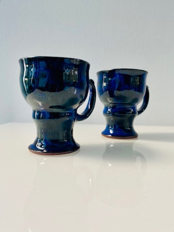 Image 1 of Servizio da tè scandinavo in ceramica blu cobalto: brocca e 2 tazze.