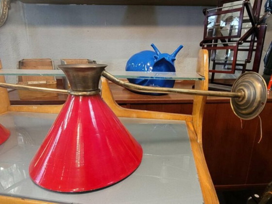 Lampada da parete con paralume conico rosso, Applique, Metallo, Ottone, Mid Century Modern (foto 4 di 5)